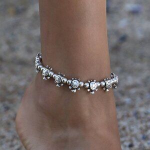 Fine Silver-Plated Turtle Beaded Stretch Anklet / Bracelet
